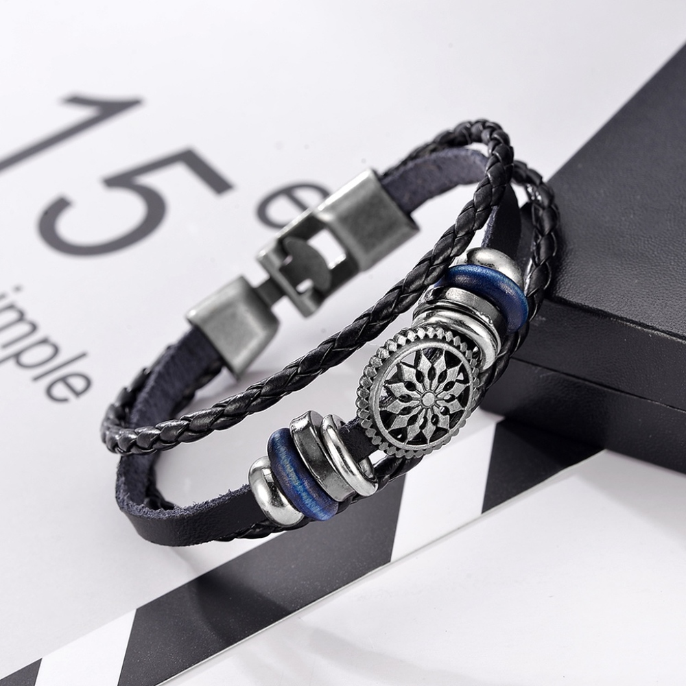 Vintage Compass Charm Multilayer Leather Bracelet - Picture 3 of 8